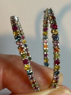 1 1/2” Multi-colored natural sapphire hoop earrings in Sterling Silver.